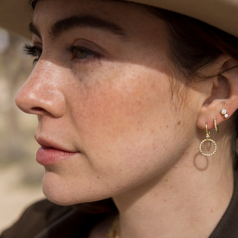 yellow gold sis<br>with our diamond huggie hoop + double diamond stud earrings<br>(all available in rose gold) <span class='visuallyhidden'>Call or text 323-404-2959 if you need shopping assistance.</span>